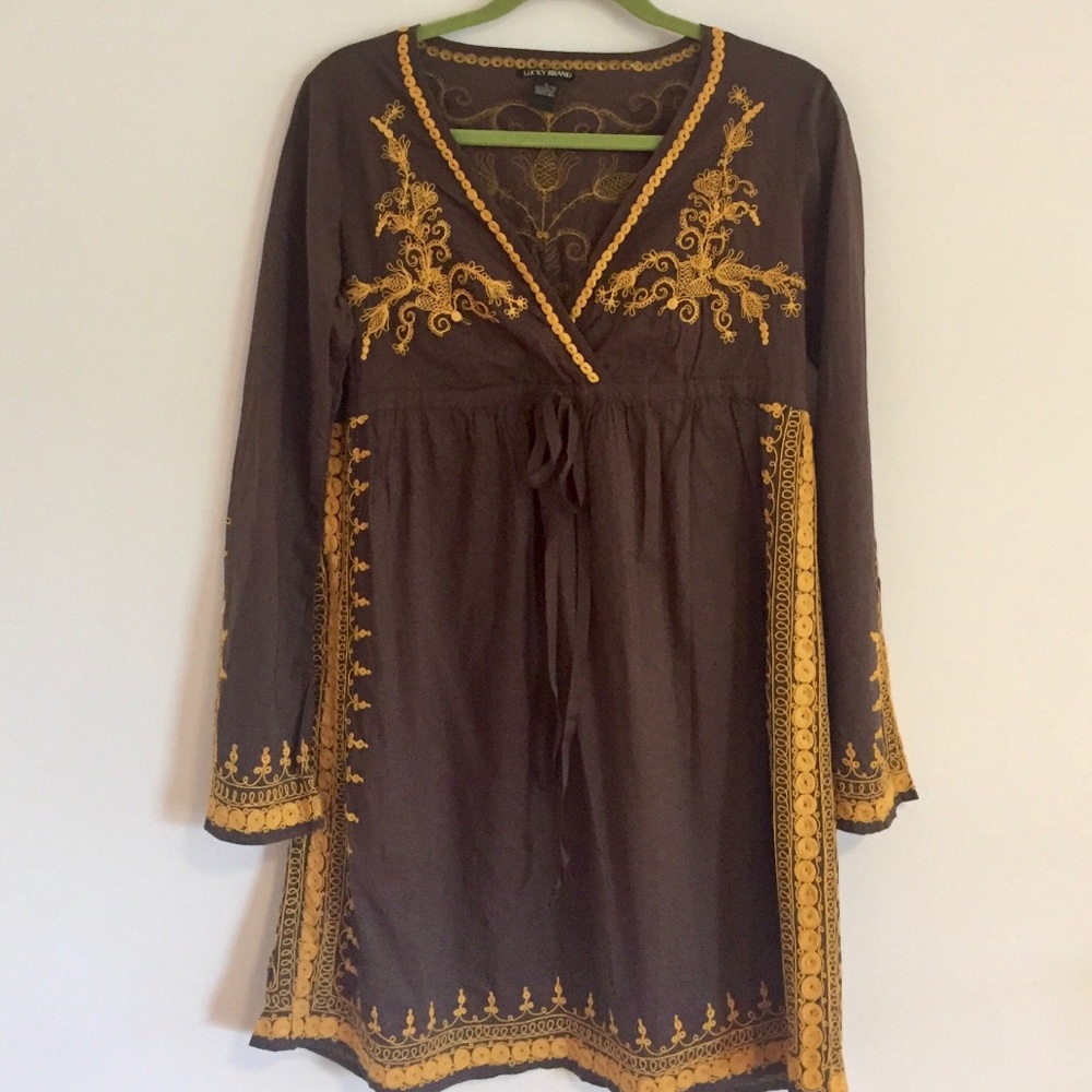 Lucky Brand BoHo Mini Dress Gold Stitching